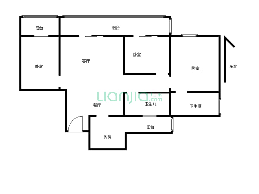 德福公元大三室两厅一厨双卫；带一个双阳台；户型方正-户型图