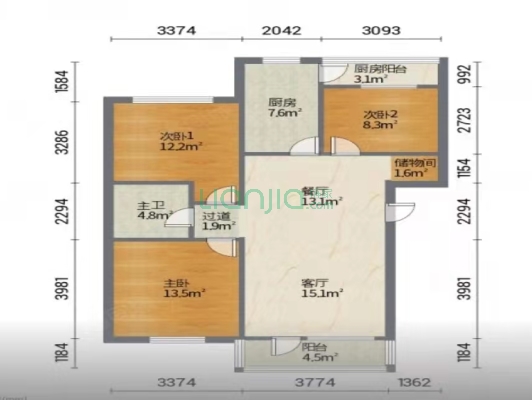 新天润国际社区香溪里3室2厅1卫 99.00m² 78 万-户型图