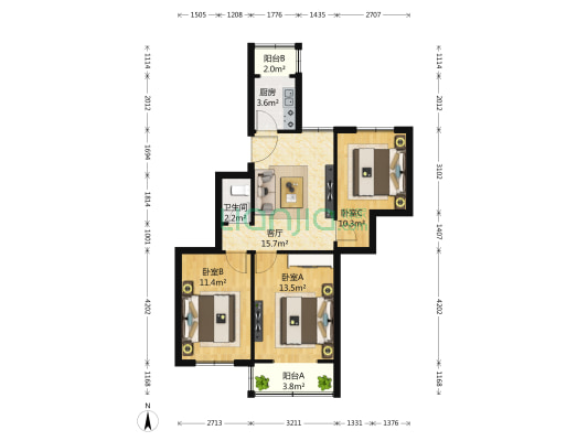 红松园北里甲1号院 3室1厅1卫 77平方