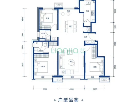 本房是经典三居双卫的户型，南院好楼栋，采光充足-户型图
