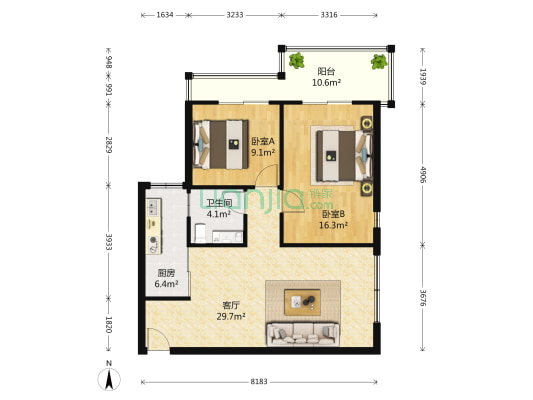 蓝岛康城 2室1厅1卫 92平方