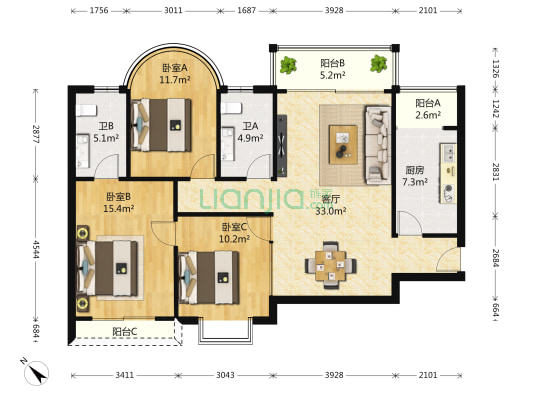 福星城市花园 3室1厅2卫 120平方