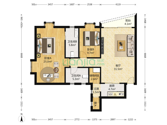 福源花园一期 2室1厅2卫 117平方