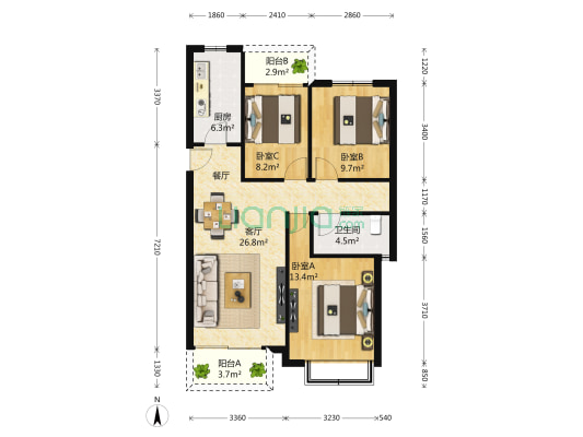 凤凰熙岸花园1期 3室2厅1卫 109平方