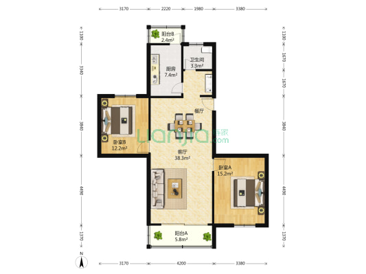 龙柏金铃公寓 2室2厅1卫 102平方
