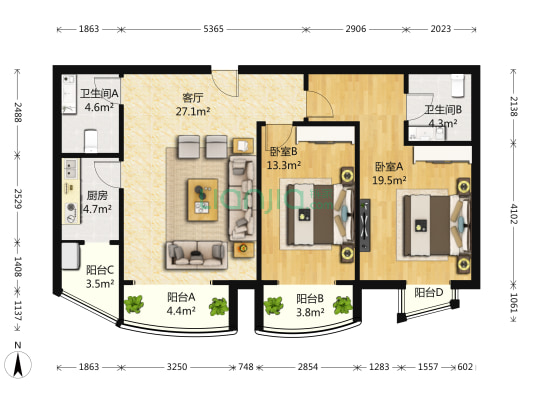 福泽颐园 2室1厅2卫 117平方