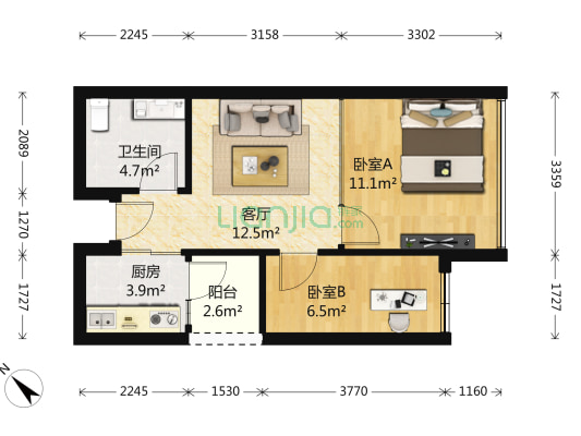 丽湾国际公寓 2室1厅 260万