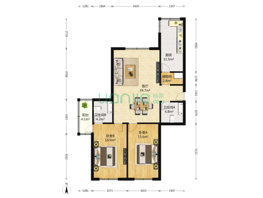 禄达花园 2室1厅2卫 125平方