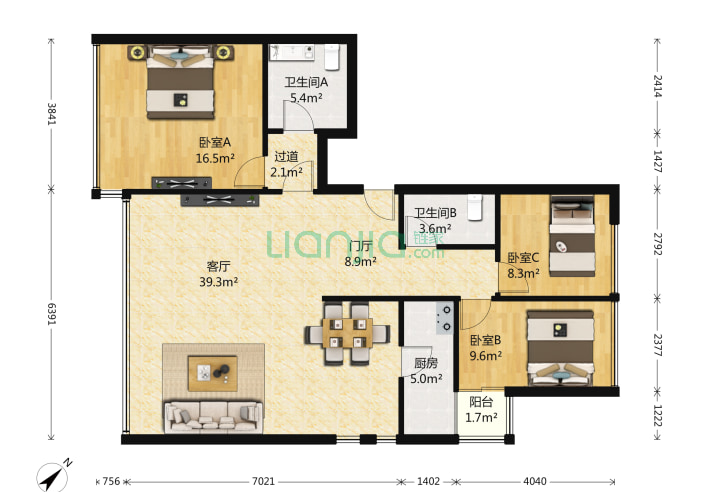 西钓鱼台嘉园 3室1厅2卫 151㎡ 户型