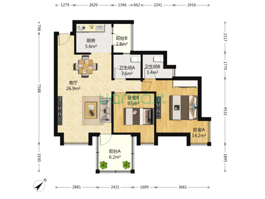 汇融名城B区 2室1厅2卫 86平方