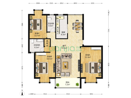淞浦花园 3室1厅2卫 136平方