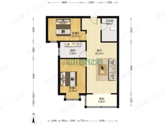 满二，两居室，集中供暖，采光好，优质房源！-户型图