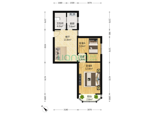 凉二小区 2室1厅1卫 75平方