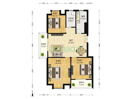 润龙锦园 3室1厅1卫 109平方