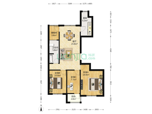朗诗绿色街区西园 3室1厅1卫 115平方