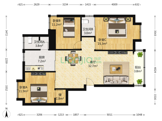 新世纪花园C区 3室1厅2卫 104平方