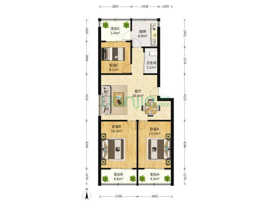 省工商局宿舍 3室1厅1卫 98平方