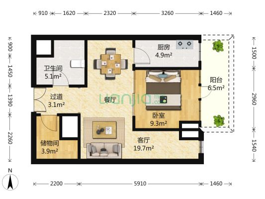 东方蓝海国际广场 1室2厅1卫 74平方