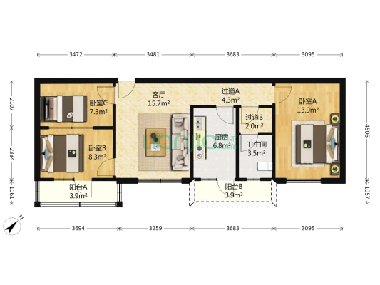 湖景大厦 3室1厅1卫 101平方
