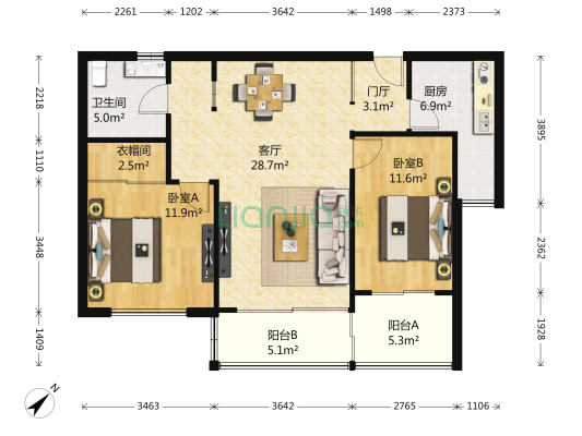 天泓山庄竹山苑 2室1厅1卫 91平方