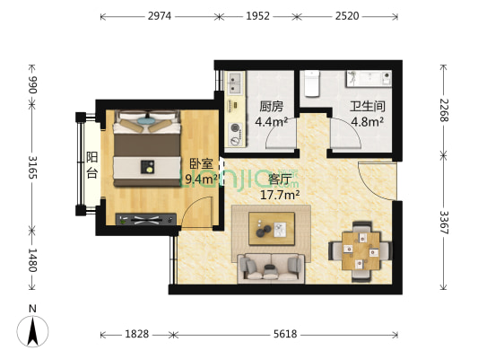 永定华庭 1室1厅1卫 54平方