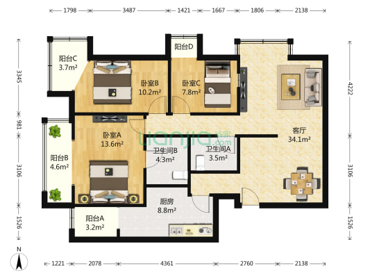 百朗园 3室1厅2卫 131平方