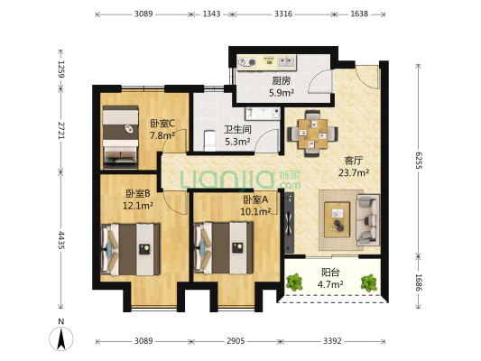 绿地汉口中心 3室1厅1卫 96平方