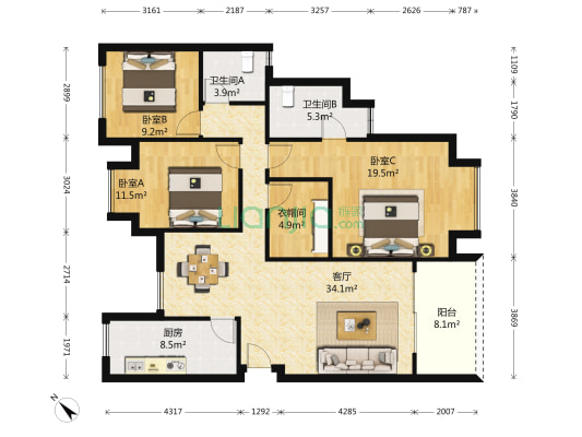 北大资源江山名门A区 3室1厅2卫 126平方