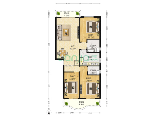 鹏程花园 3室1厅2卫 125平方