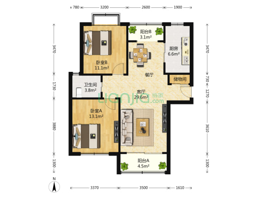 三花现代城(一期丹桂苑) 2室2厅1卫 104平方