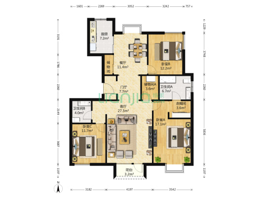 朗润园一期 3室2厅2卫 155平方