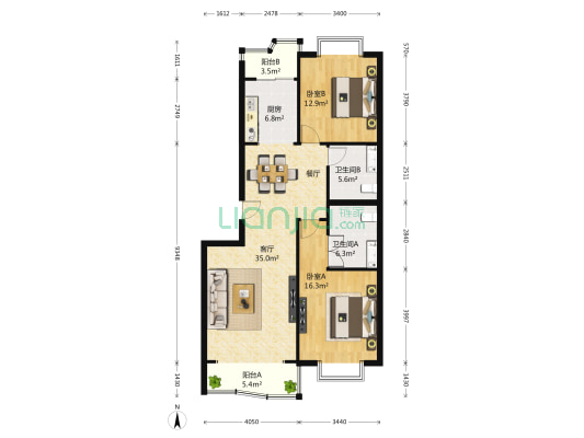 莲竹馨晴 2室1厅2卫 128平方