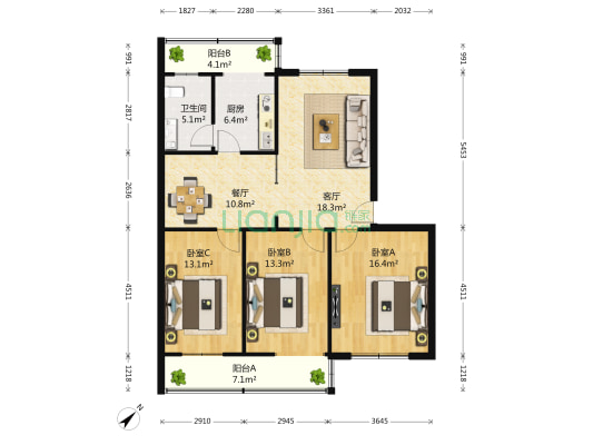 天明路58号院 3室2厅1卫 127平方