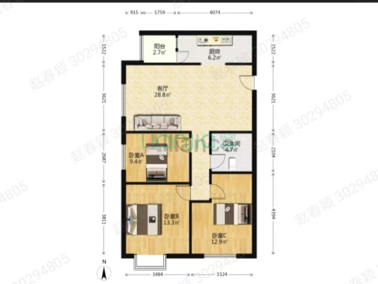 德信公园旁翡翠滨江精装修三居出售-户型图