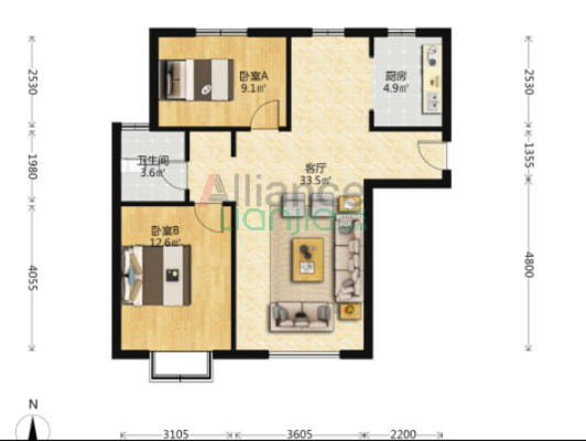 急售三得东区南北两居，好楼层，价格美丽-户型图