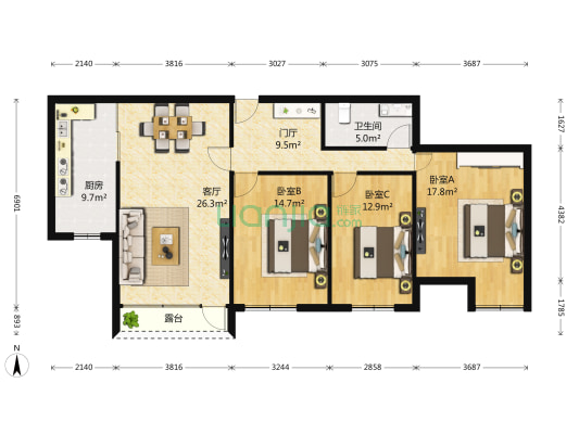 绿城九龙仓桃源里 3室1厅1卫 114平方