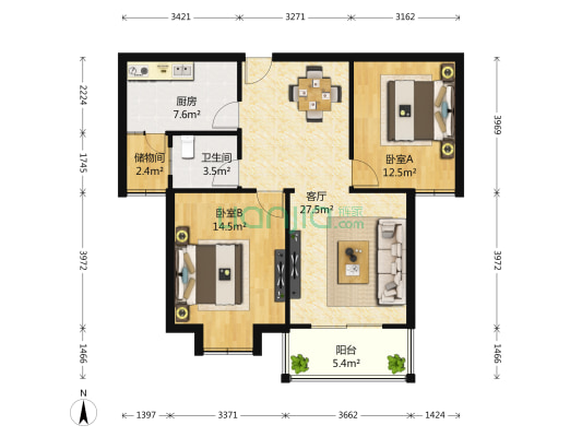 璟泰华秀苑 2室1厅1卫 94平方