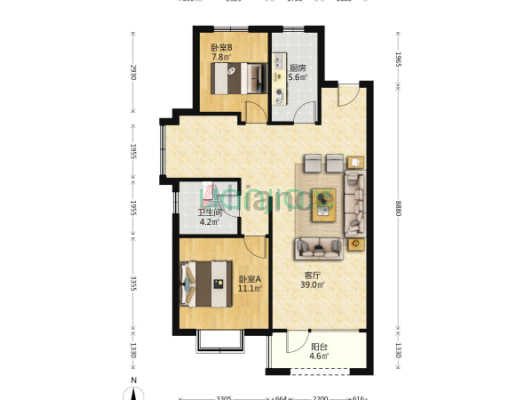 桃源新都孔雀城 3室1厅 南 北-户型图