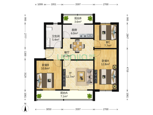 四海公寓 3室2厅1卫 104平方