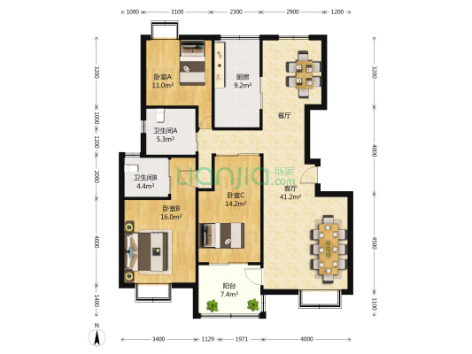 正阳世纪星城 3室2厅2卫 136平方