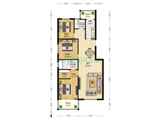 鑫兆丽园 3室1厅2卫 128平方