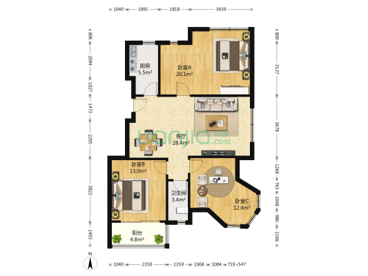 苏宁璞邸 3室1厅1卫 109平方