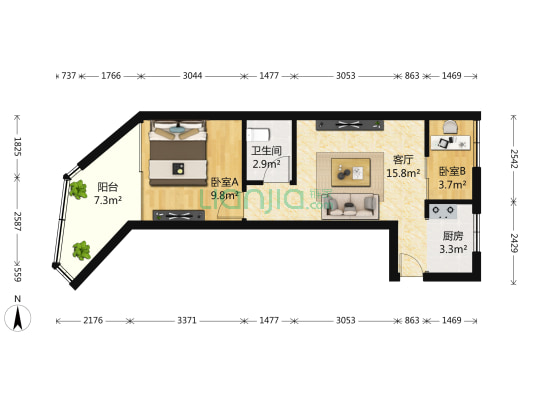 米兰公寓 2室1厅1卫 49平方