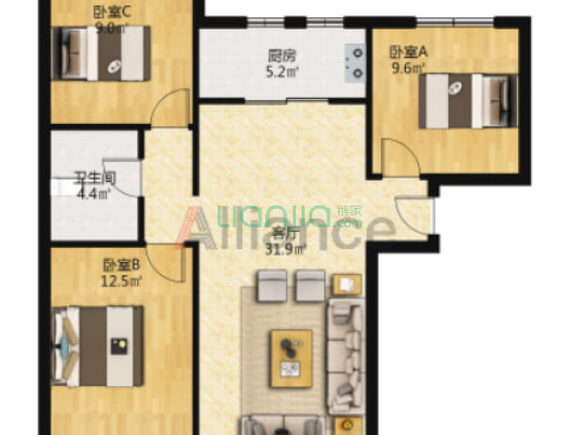 鹏渤印象城牛津花园 3室2厅 南 北-户型图