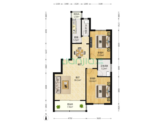 丹芳苑 2室2厅2卫 113平方