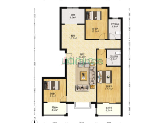 天保青花府 3室2厅 南 北-户型图