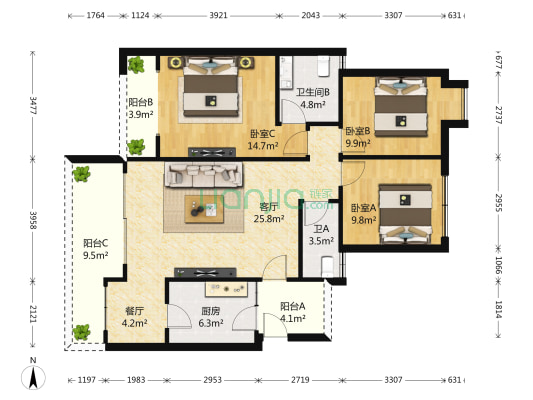 两江春城春逸苑 3室2厅2卫 125平方