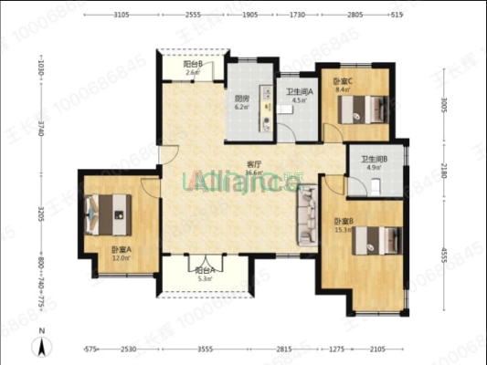 一梯两户洋房、双卧室朝阳、客厅朝阳-户型图