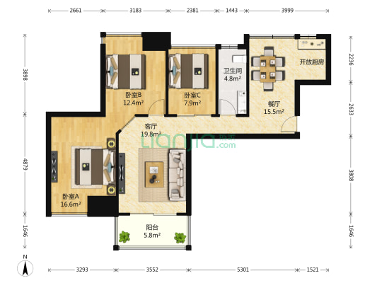 滨湖名邸二期 3室2厅1卫 98平方
