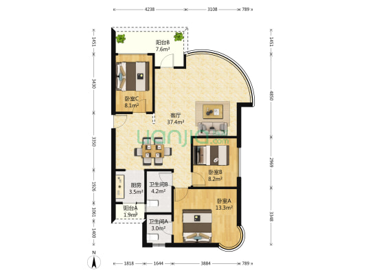 华宇江南枫庭 3室1厅2卫 123平方